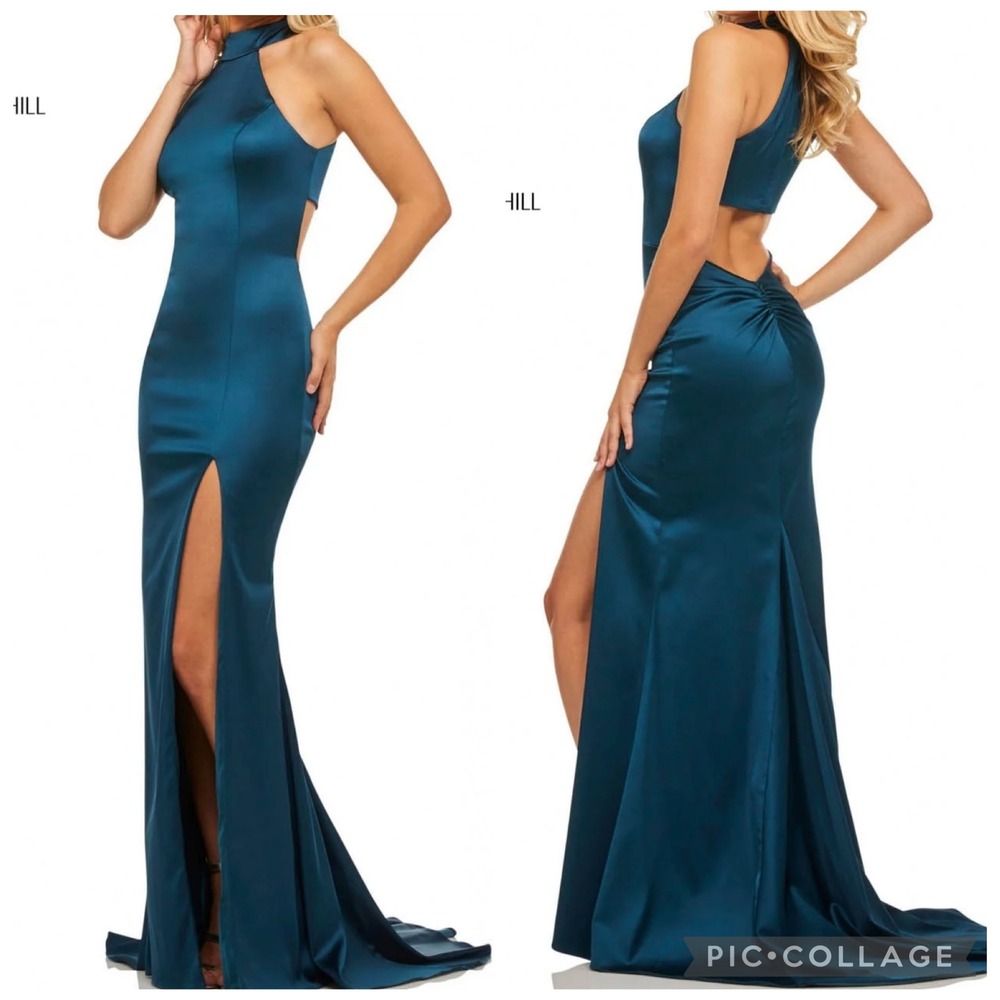 Sherri Hill Formal Gown Size 00 Teal Satin Open Back High Slit Prom Dress Party